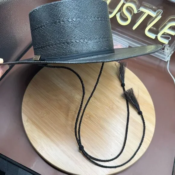 Larry Mahan Gambler Hat With Cord 6x Handwoven Shantung 7 Western Black USA - Picture 2 of 15